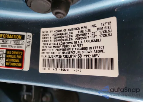 2013 Honda Cr-V Exl from USA, damaged, VIN 5J6RM3H73DL014150